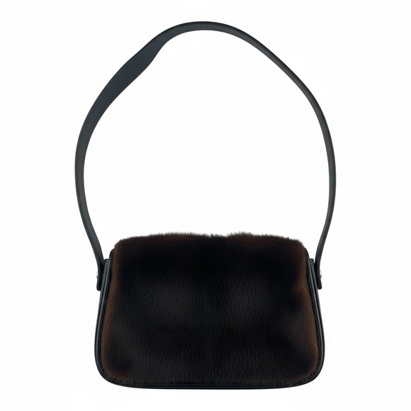 Vintage Fur Flap Shoulder Bag Black Leather Trim Mink Look